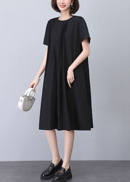 Black Wrinkled Cotton Dresses O Neck Short Sleeve MN040