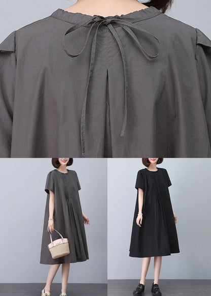 Black Wrinkled Cotton Dresses O Neck Short Sleeve MN040