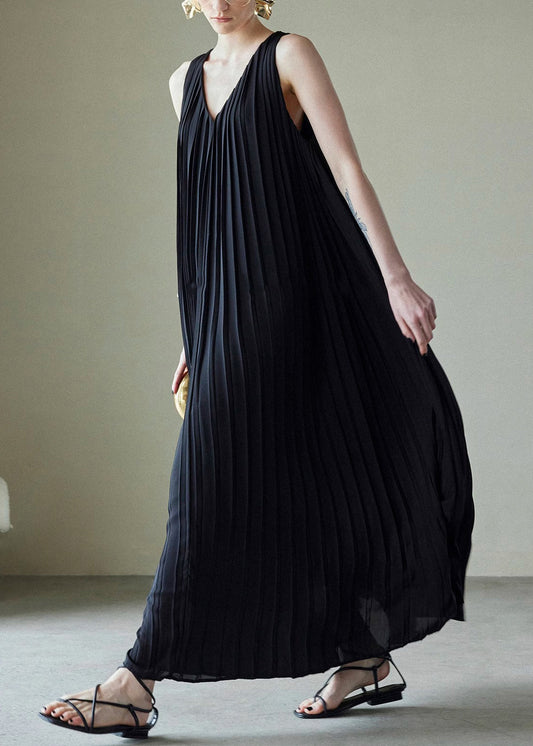 V Wrinkled Long Chiffon Summer Pockets Neck Black Dress