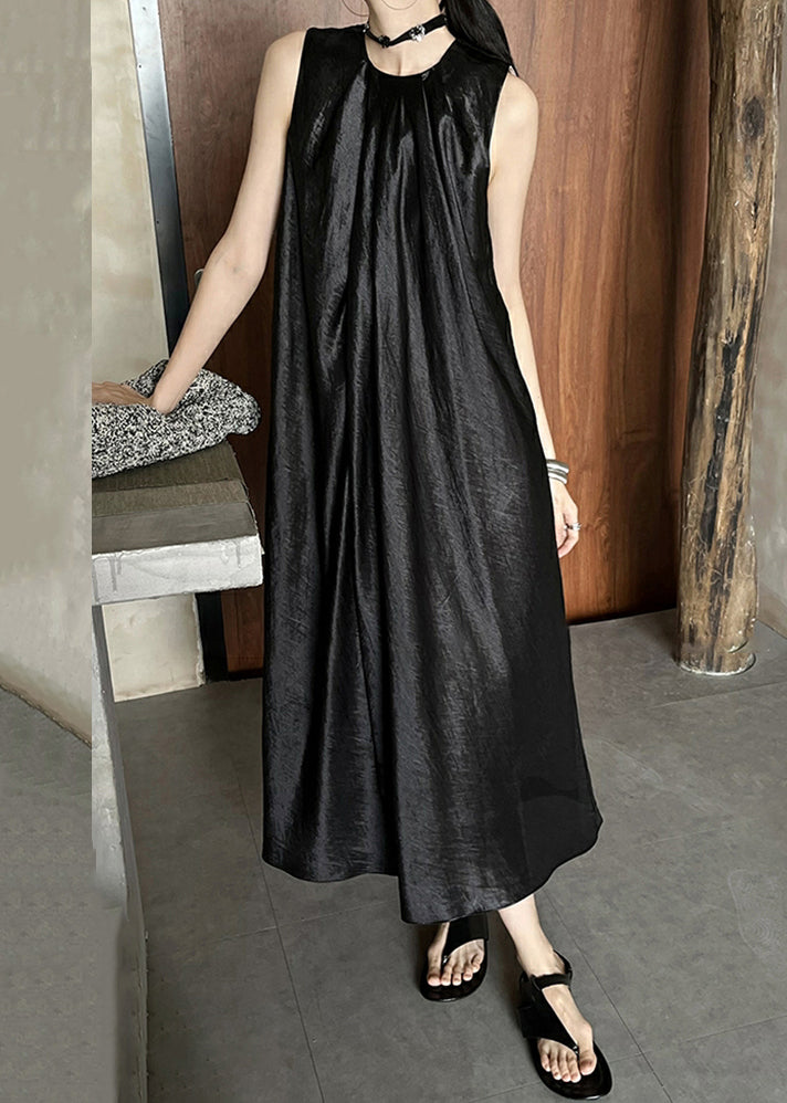 Summer Neck Dress Wrinkled O Silk Long Black