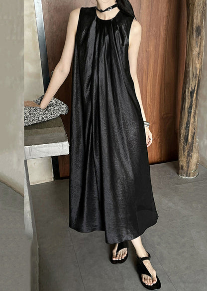 Summer Neck Dress Wrinkled O Silk Long Black