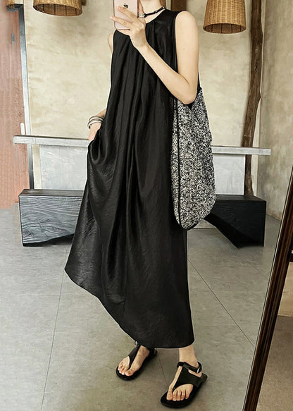 Summer Neck Dress Wrinkled O Silk Long Black