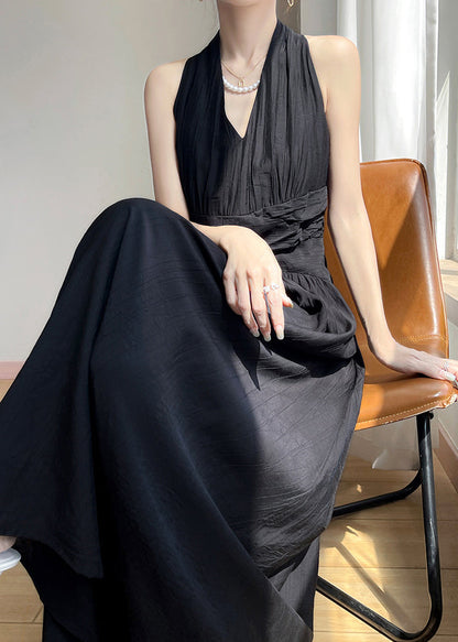 Summer Dresses Black V Neck Maxi Cotton Wrinkled Solid