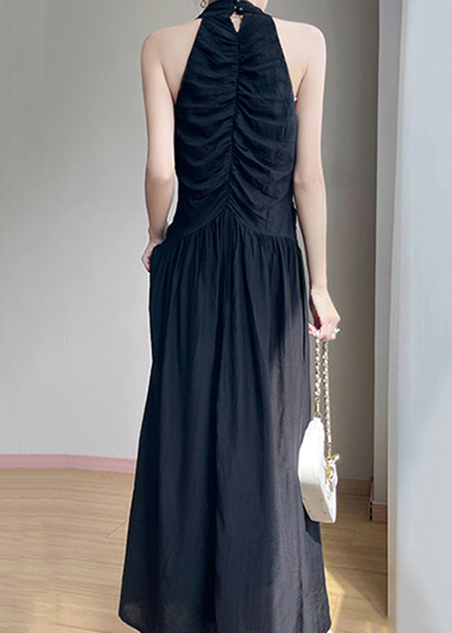 Summer Dresses Black V Neck Maxi Cotton Wrinkled Solid