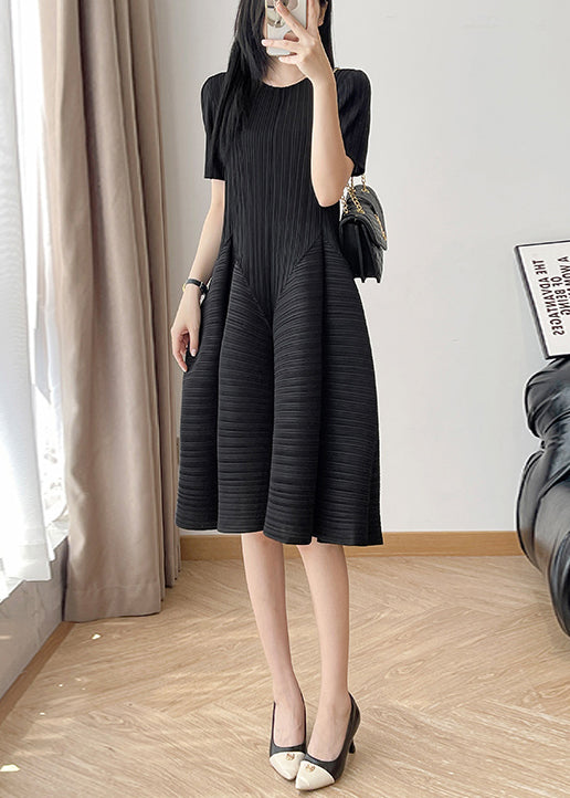 Dress Black Solid Wrinkled Cotton Neck Summer O