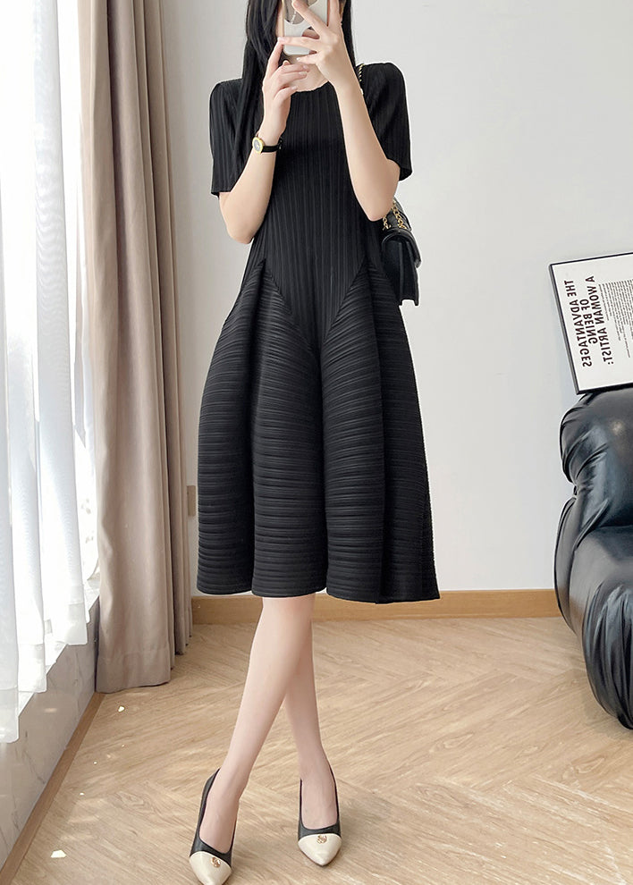 Dress Black Solid Wrinkled Cotton Neck Summer O