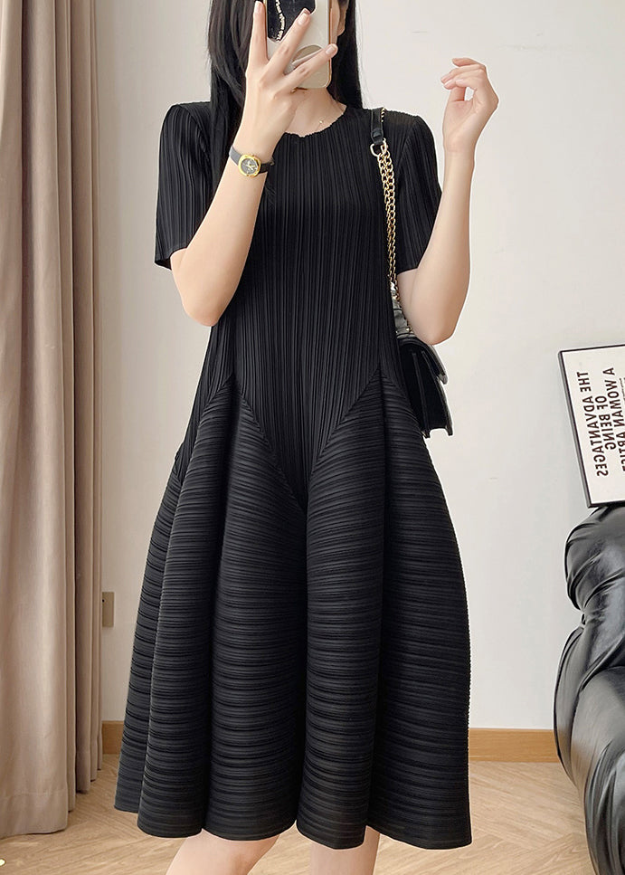 Dress Black Solid Wrinkled Cotton Neck Summer O
