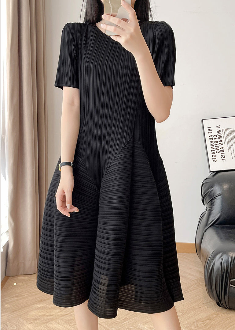 Dress Black Solid Wrinkled Cotton Neck Summer O