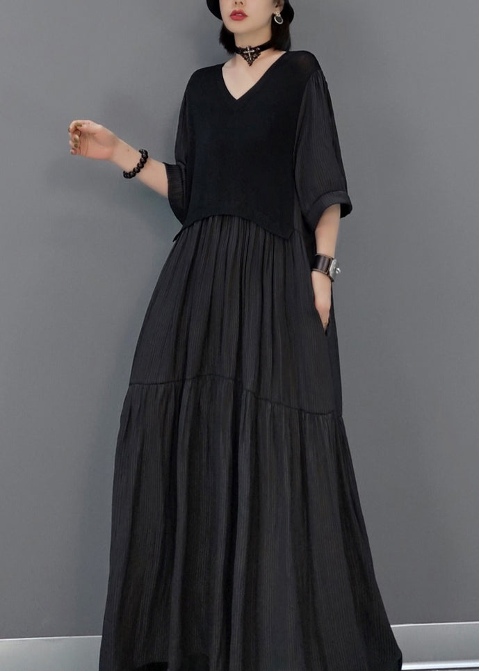 Black Wrinkled Vacation Long Dresses Half Sleeve VB1003