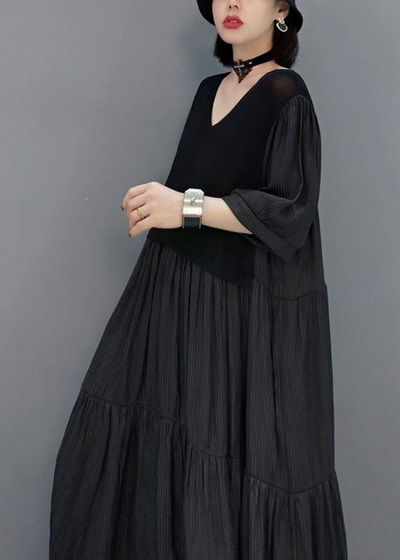 Black Wrinkled Vacation Long Dresses Half Sleeve VB1003