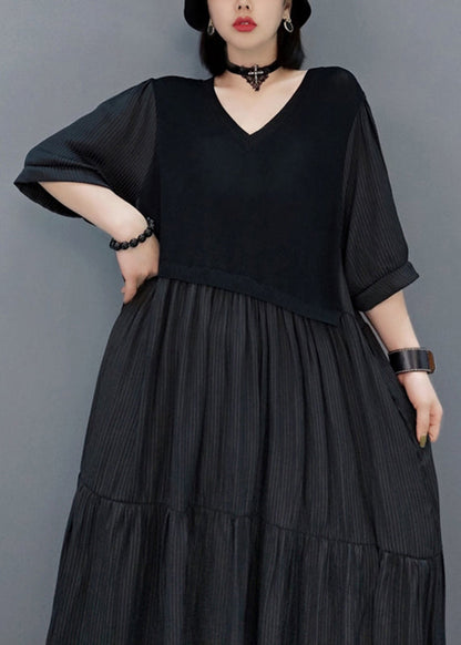 Black Wrinkled Vacation Long Dresses Half Sleeve VB1003