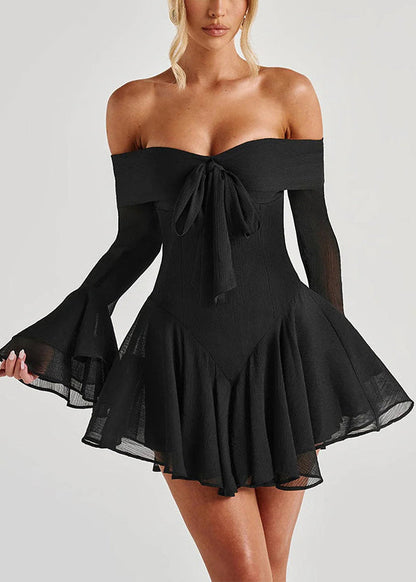 Spring Zippered Neck Solid Cotton Dresses Black Mid Slash