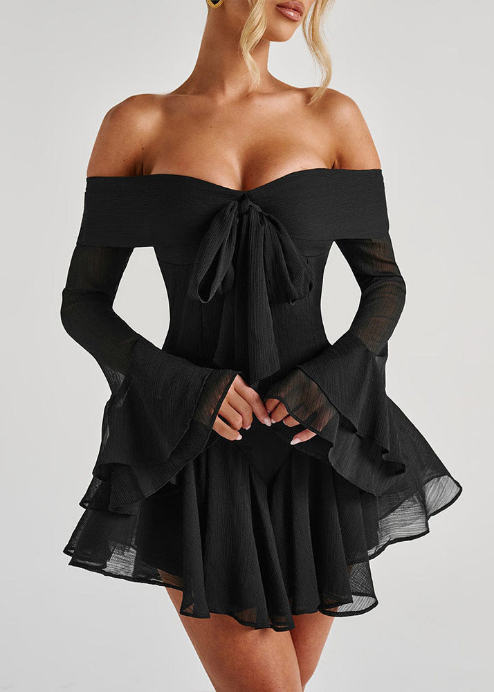 Spring Zippered Neck Solid Cotton Dresses Black Mid Slash