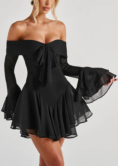 Spring Zippered Neck Solid Cotton Dresses Black Mid Slash