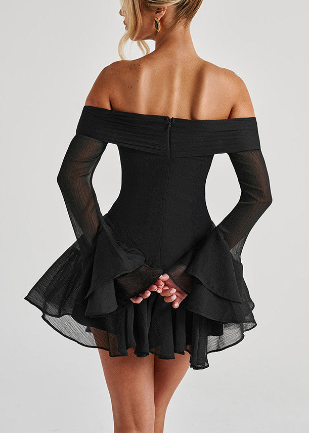 Spring Zippered Neck Solid Cotton Dresses Black Mid Slash