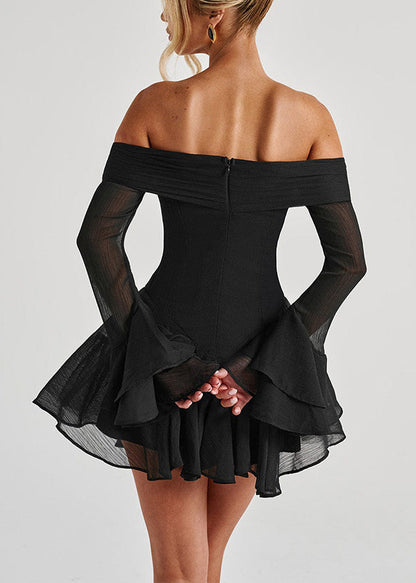 Spring Zippered Neck Solid Cotton Dresses Black Mid Slash