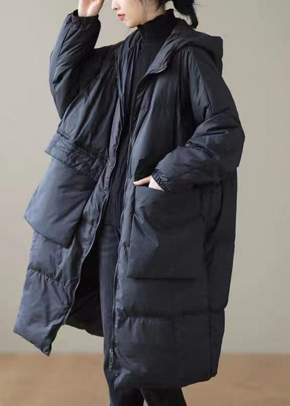 Manteau d'hiver en duvet de canard noir chaud avec fermeture éclair QD007