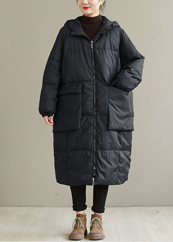 Manteau d'hiver en duvet de canard noir chaud avec fermeture éclair QD007