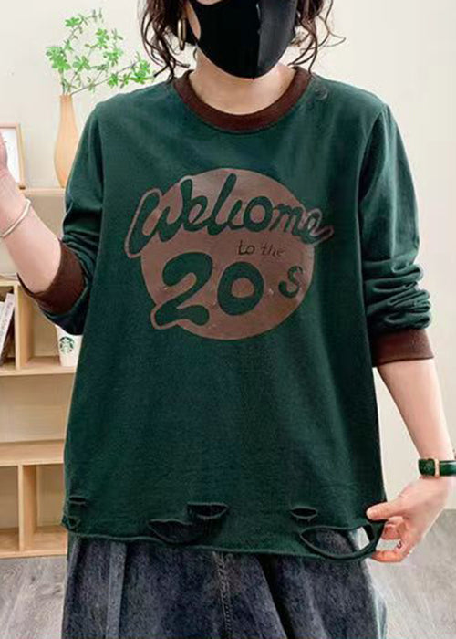 Blackish Green Hole Cotton Top O Neck Long Sleeve AU1037