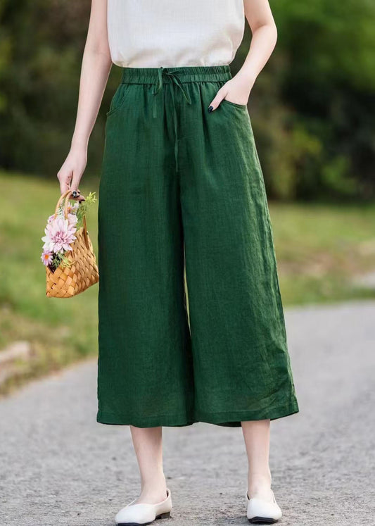 Oversized Green Blackish Summer Straight Pants Linen