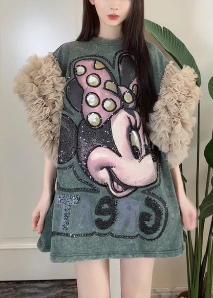 Print Patchwork Dress Tulle Summer Blackish Shirt Ruffled Green T