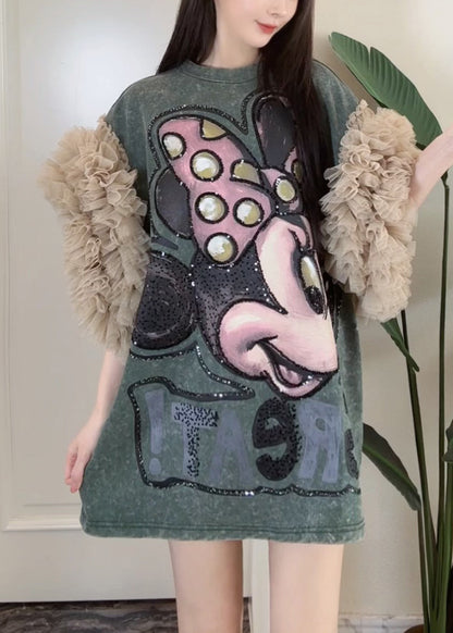 Print Patchwork Dress Tulle Summer Blackish Shirt Ruffled Green T