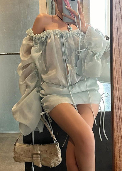 Blue Backless Ruffled Silk Mid Dress Slash Neck Spring YZ075