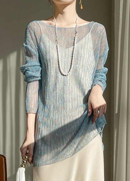 Blue Bright Silk Cozy Tulle Top O Neck Long Sleeve AB1009