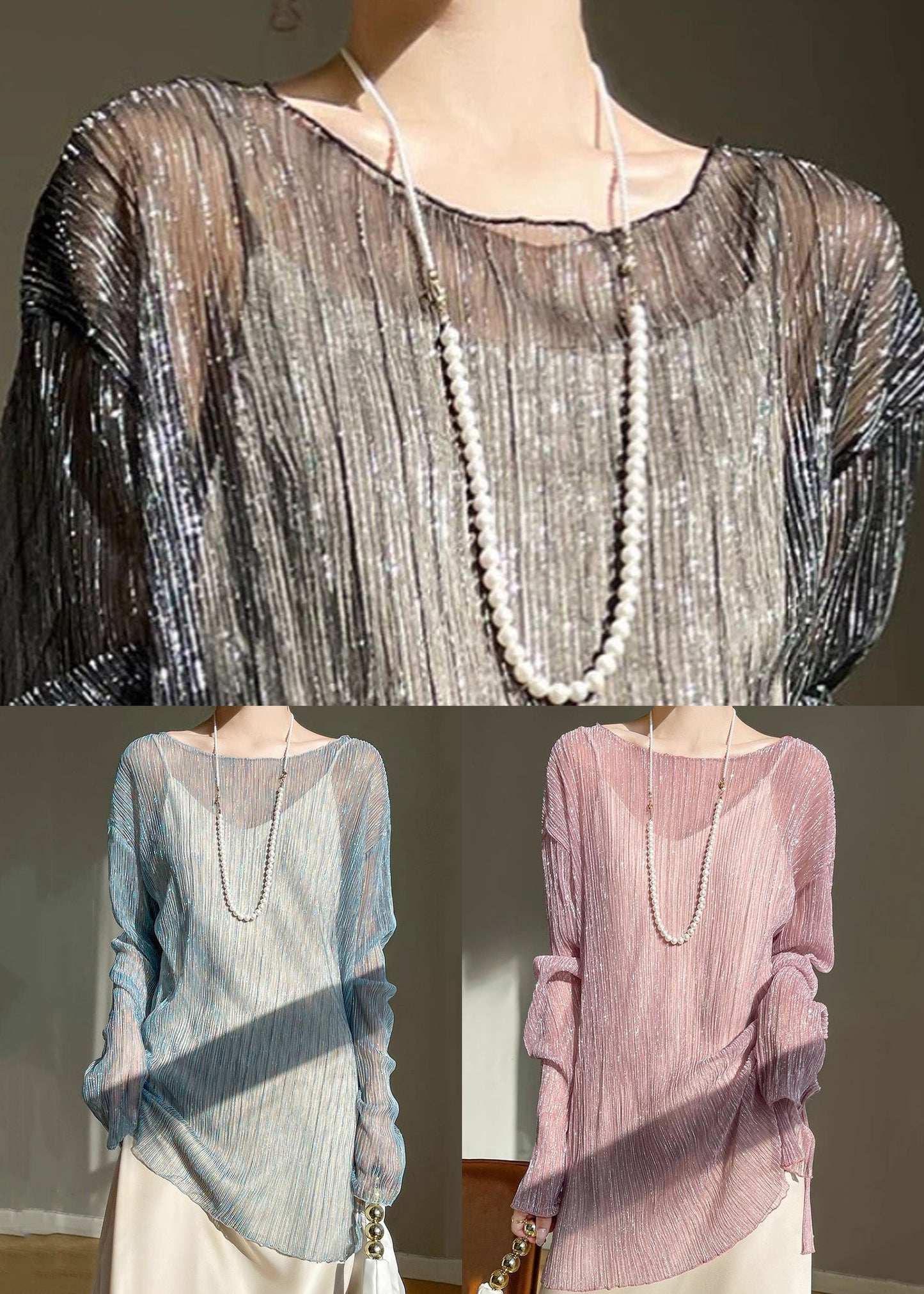 Blue Bright Silk Cozy Tulle Top O Neck Long Sleeve AB1009