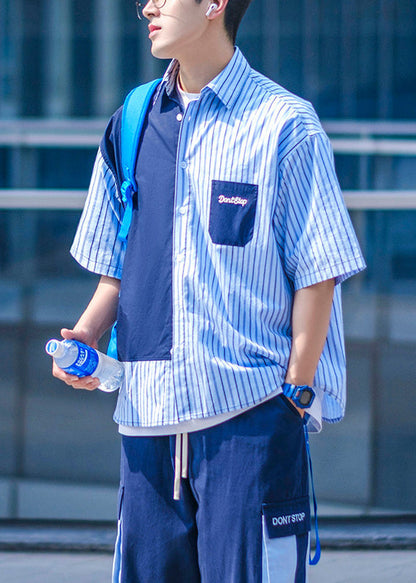 Pockets Asymmetrical Summer Men Cotton Shirts Blue Button