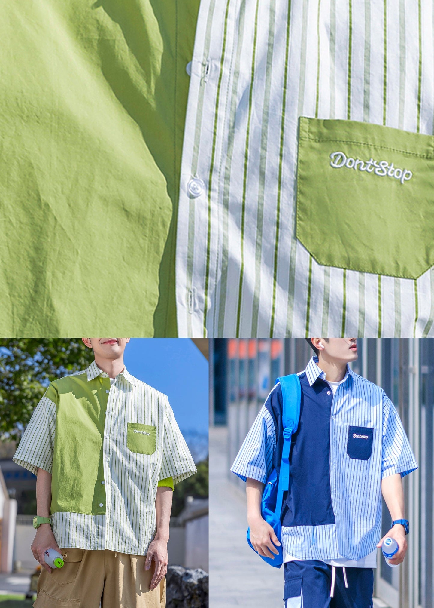 Pockets Asymmetrical Summer Men Cotton Shirts Blue Button