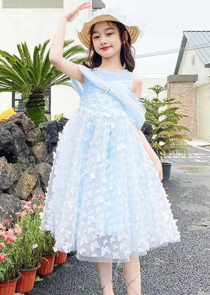 Blaues, schulterfreies, solides Tüll-Sommerkleid für Mädchen mit Schmetterlingsmotiv TT034