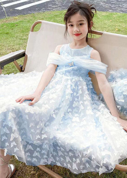 Blaues, schulterfreies, solides Tüll-Sommerkleid für Mädchen mit Schmetterlingsmotiv TT034