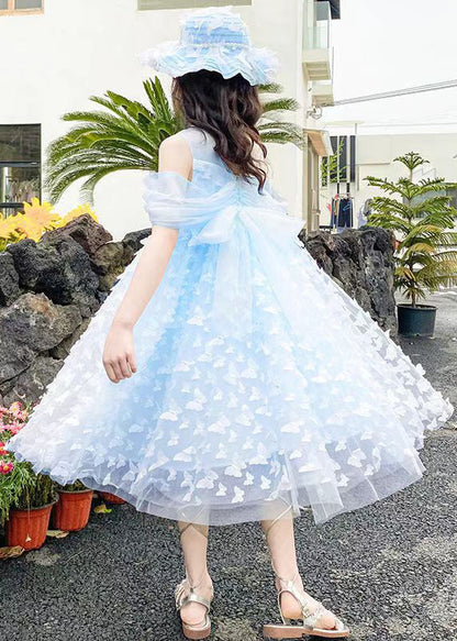 Blaues, schulterfreies, solides Tüll-Sommerkleid für Mädchen mit Schmetterlingsmotiv TT034