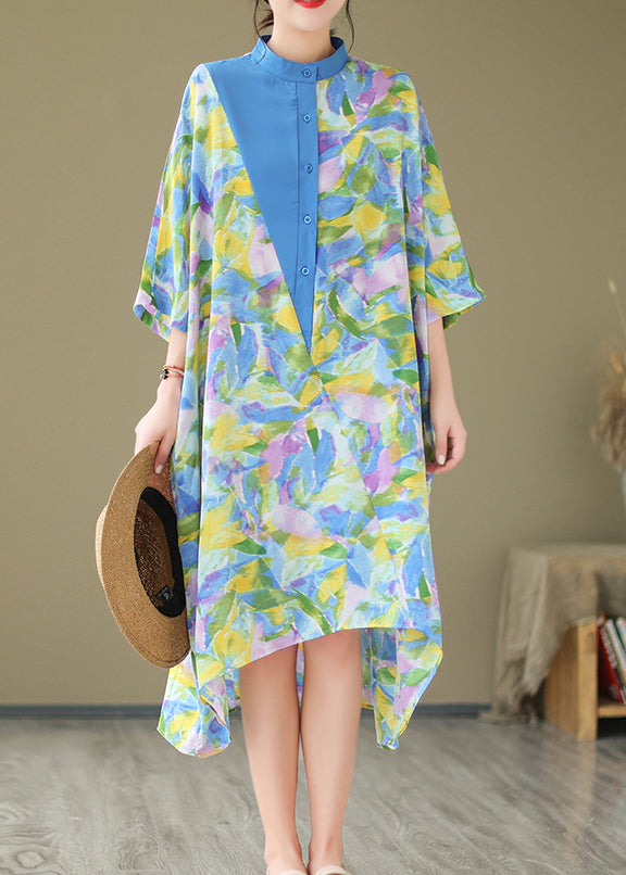 Blue Cotton Shirt Dresses Stand Collar Tie Dye Summer AP043