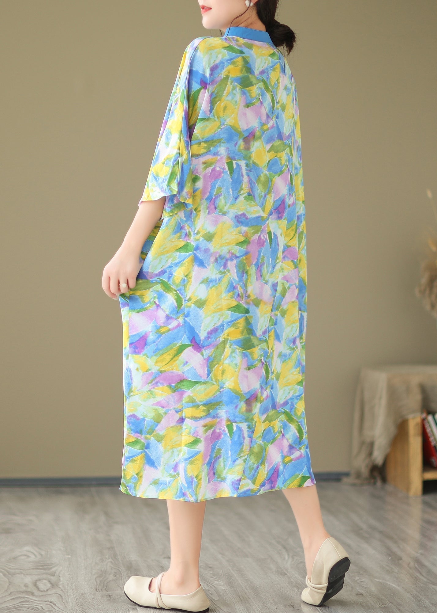 Blue Cotton Shirt Dresses Stand Collar Tie Dye Summer AP043