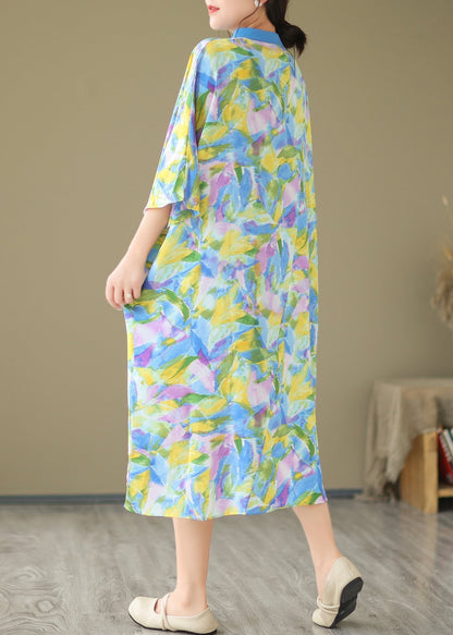 Blue Cotton Shirt Dresses Stand Collar Tie Dye Summer AP043