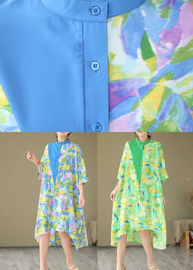 Blue Cotton Shirt Dresses Stand Collar Tie Dye Summer AP043