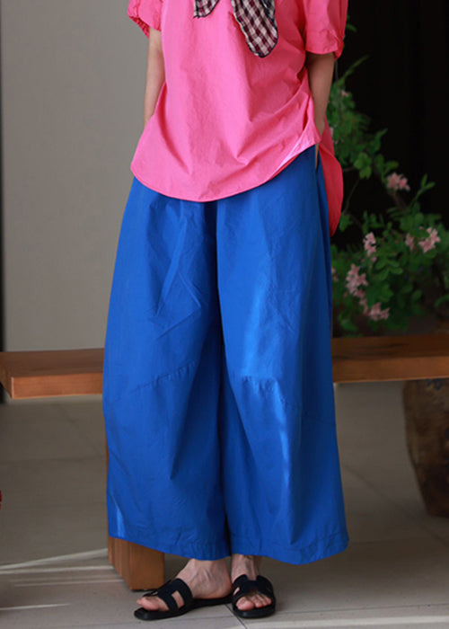 Elastic Blue Summer Loose Pockets Waist Pants Cotton