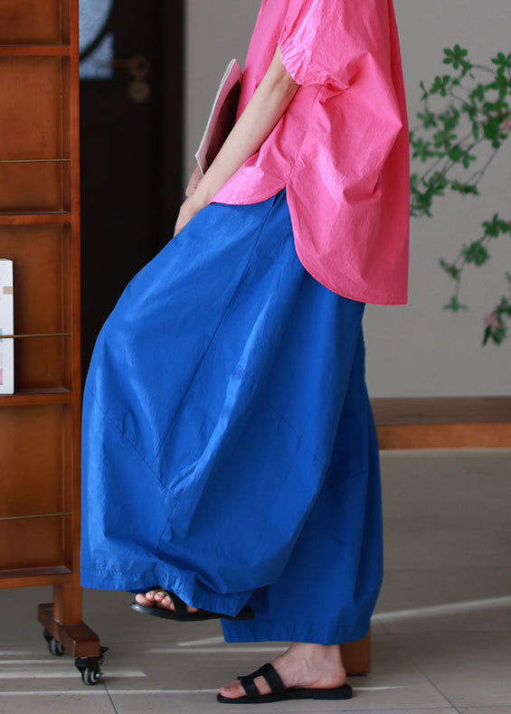 Elastic Blue Summer Loose Pockets Waist Pants Cotton