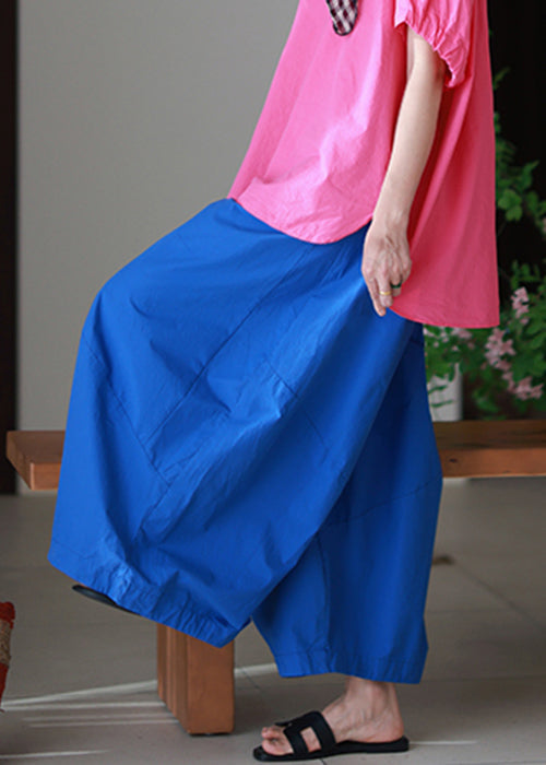 Elastic Blue Summer Loose Pockets Waist Pants Cotton