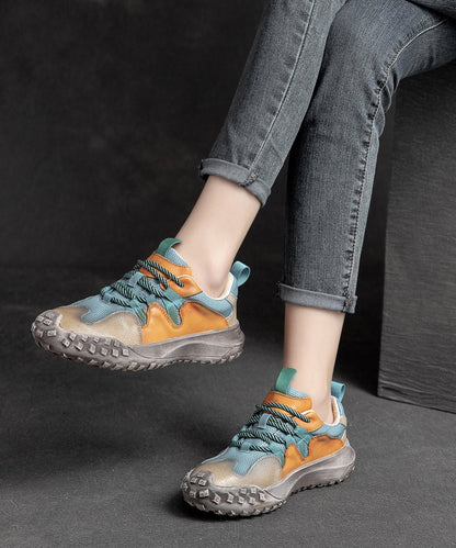 Platform Up Shoes Leather Flat Casual Splicing Blue Lace Cowhide