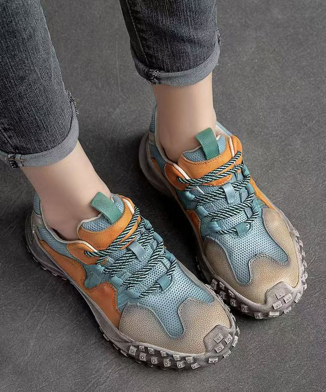 Platform Up Shoes Leather Flat Casual Splicing Blue Lace Cowhide