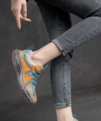 Platform Up Shoes Leather Flat Casual Splicing Blue Lace Cowhide