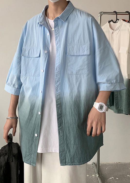 Pan Color Blue Collar Gradient Cotton Button Men Peter Shirts