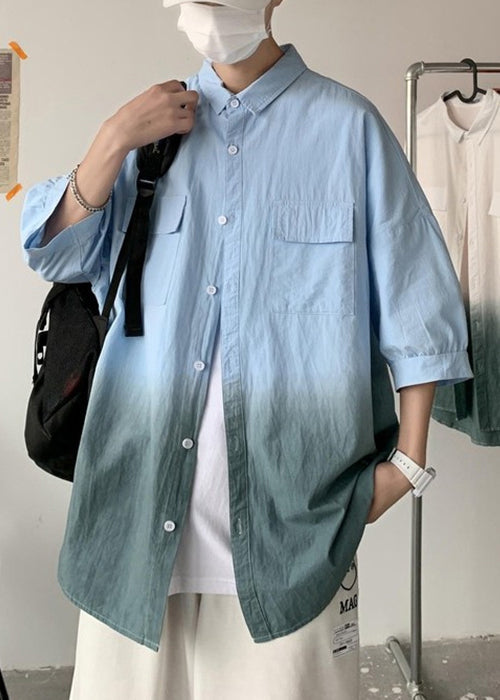 Pan Color Blue Collar Gradient Cotton Button Men Peter Shirts