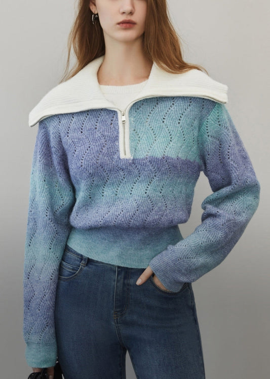 Pull en laine ajouré à dégradé de couleurs bleu avec fermeture éclair pour l'hiver WK024