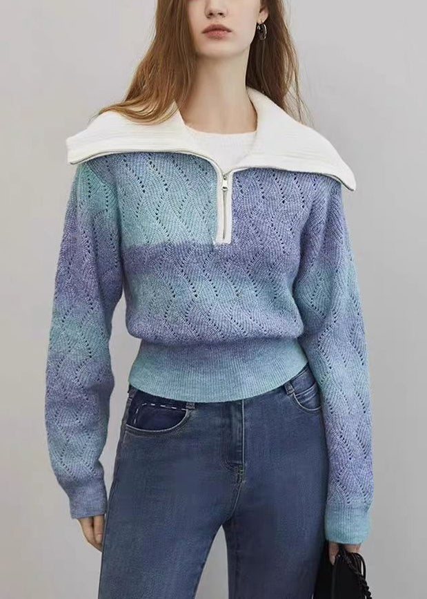 Blauer Farbverlauf-Strickpullover aus Wolle mit Reißverschluss für den Winter WK024