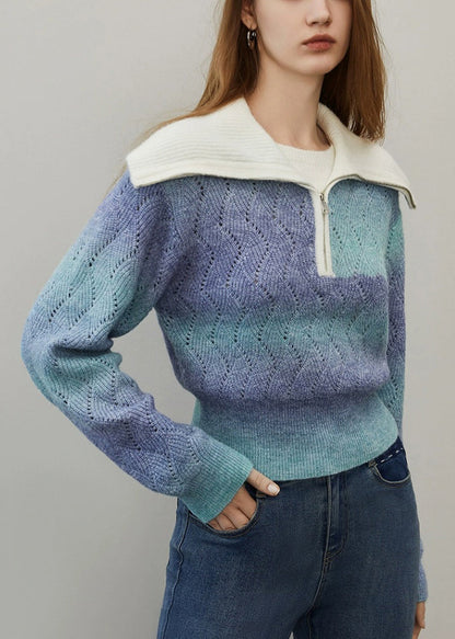 Blauer Farbverlauf-Strickpullover aus Wolle mit Reißverschluss für den Winter WK024