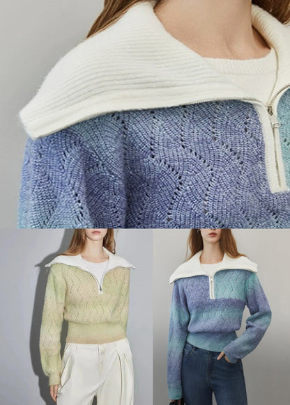 Blauer Farbverlauf-Strickpullover aus Wolle mit Reißverschluss für den Winter WK024